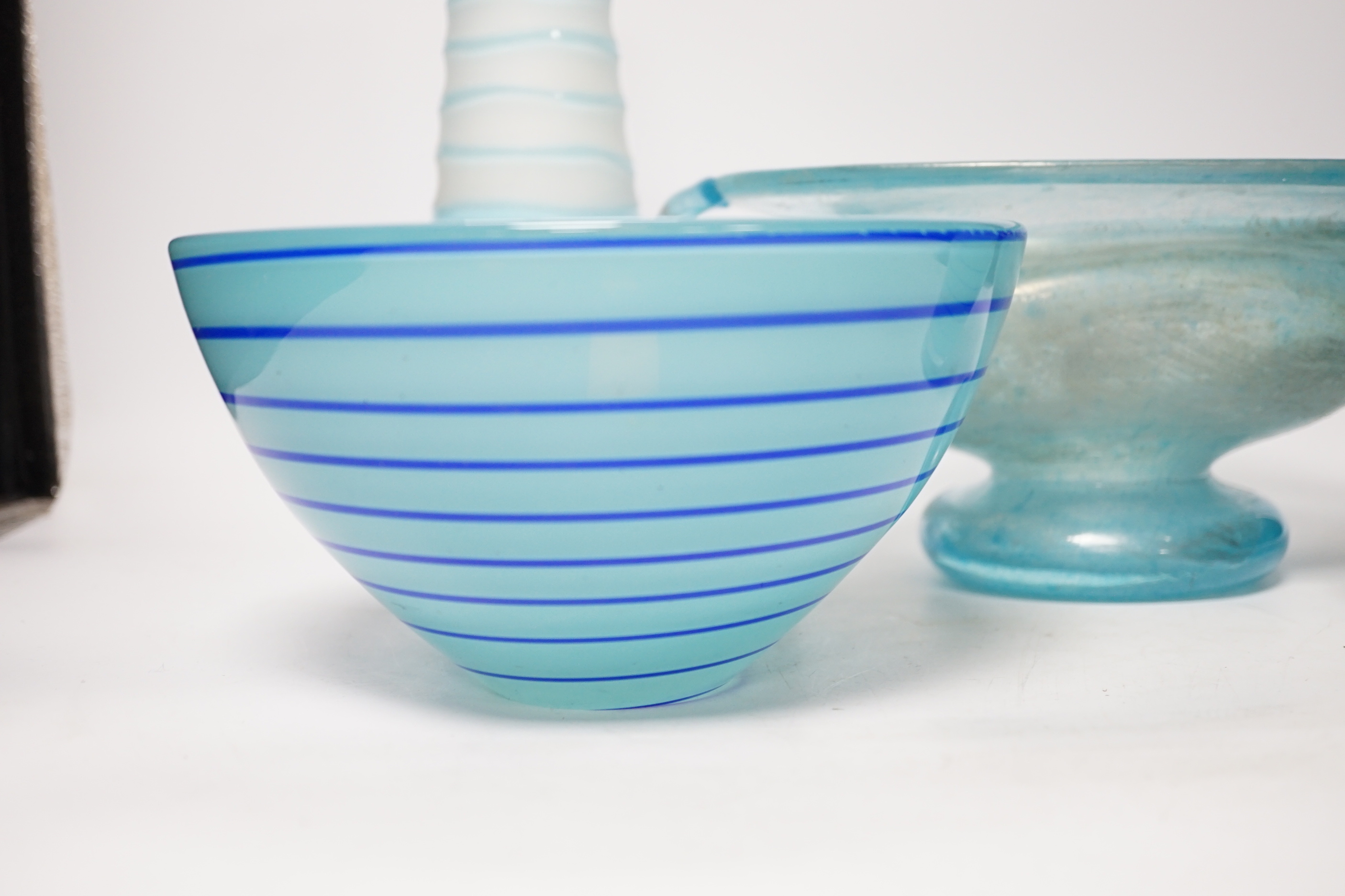 A Roman style two handled glass vase, a Kosta Boda bowl and two art glass vases, tallest 26.5cm